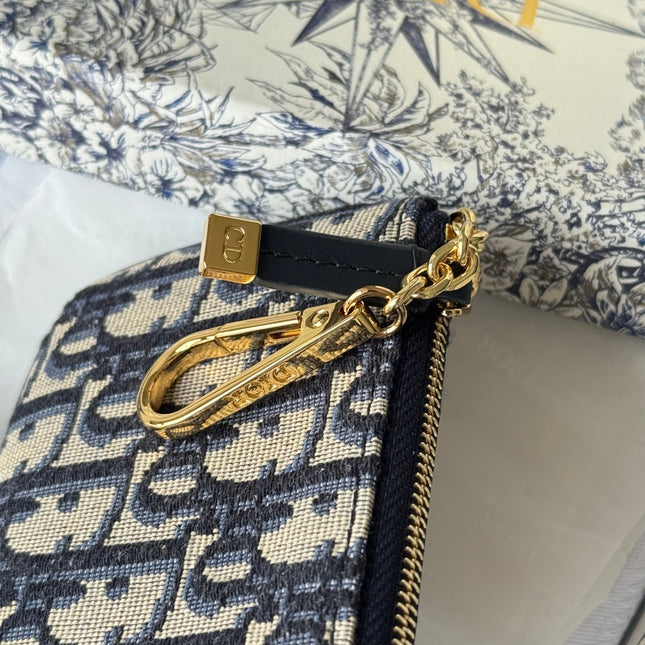 DIOR 25S TRAVEL MYRTE ZIPPED KEY CASE 14 IN DARK BLUE DIOR OBLIQUE JACQUARD CANVAS