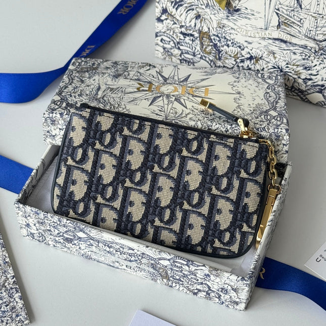 DIOR 25S TRAVEL MYRTE ZIPPED KEY CASE 14 IN DARK BLUE DIOR OBLIQUE JACQUARD CANVAS