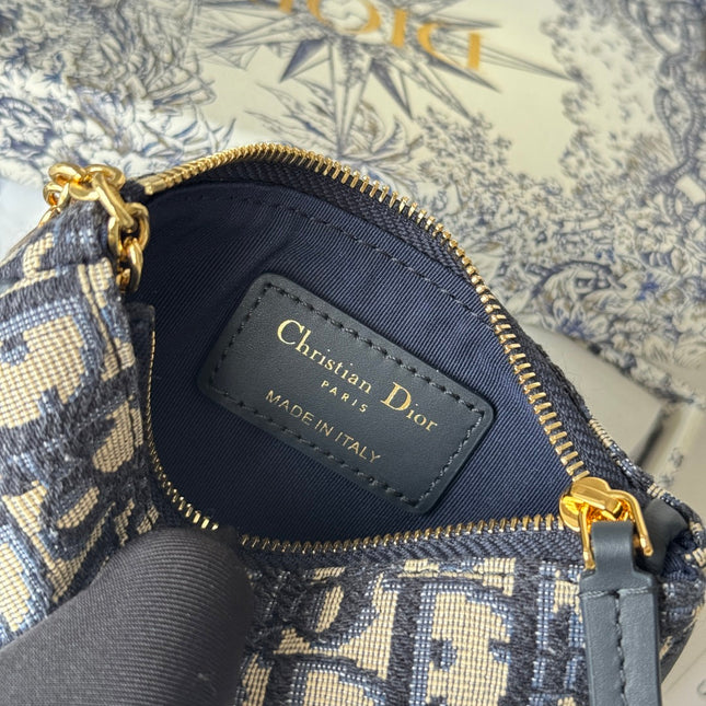 DIOR 25S TRAVEL MYRTE ZIPPED KEY CASE 14 IN DARK BLUE DIOR OBLIQUE JACQUARD CANVAS