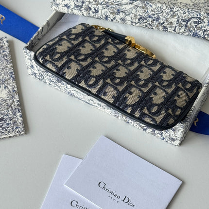 DIOR 25S TRAVEL MYRTE ZIPPED KEY CASE 14 IN DARK BLUE DIOR OBLIQUE JACQUARD CANVAS