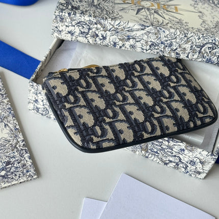 DIOR 25S TRAVEL MYRTE ZIPPED KEY CASE 14 IN DARK BLUE DIOR OBLIQUE JACQUARD CANVAS