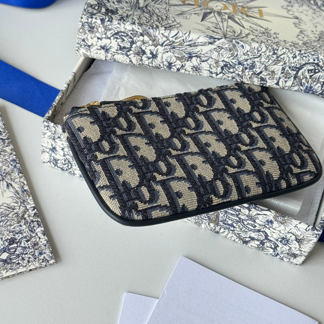 DIOR 25S TRAVEL MYRTE ZIPPED KEY CASE 14 IN DARK BLUE DIOR OBLIQUE JACQUARD CANVAS