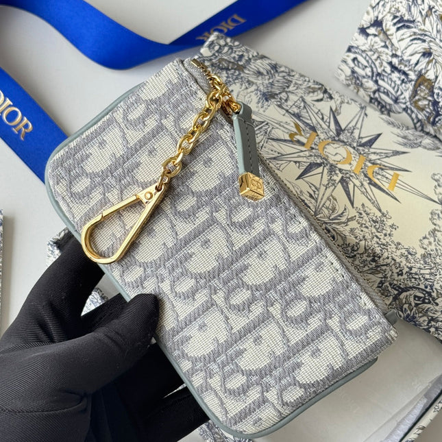 DIOR 25S TRAVEL MYRTE ZIPPED KEY CASE 14 IN GRAY DIOR OBLIQUE JACQUARD CANVAS