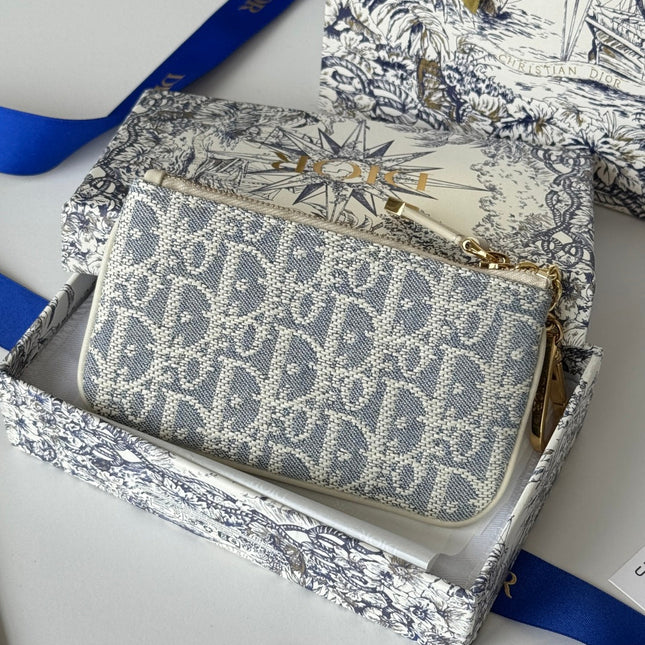 DIOR 25S TRAVEL MYRTE ZIPPED KEY CASE 14 IN BLUE DIOR OBLIQUE JACQUARD CANVAS