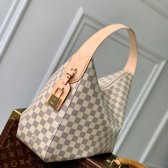 SLOUCHY PM 40 IN WHITE GREY CHECKERBOARD PATTERN DAMIER AZUR COATED CANVAS