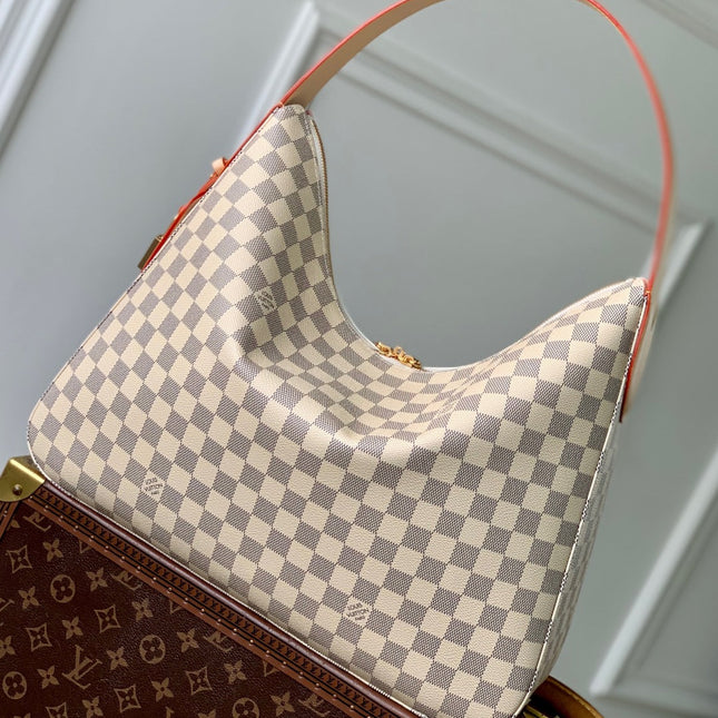 SLOUCHY PM 40 IN WHITE GREY CHECKERBOARD PATTERN DAMIER AZUR COATED CANVAS