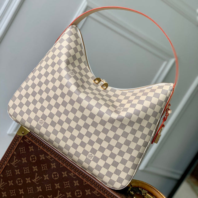 SLOUCHY PM 40 IN WHITE GREY CHECKERBOARD PATTERN DAMIER AZUR COATED CANVAS