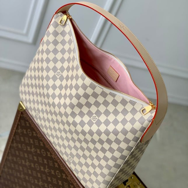SLOUCHY PM 40 IN WHITE GREY CHECKERBOARD PATTERN DAMIER AZUR COATED CANVAS