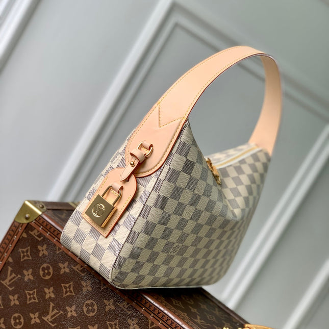 SLOUCHY PM 33 IN WHITE GREY CHECKERBOARD PATTERN DAMIER AZUR COATED CANVAS
