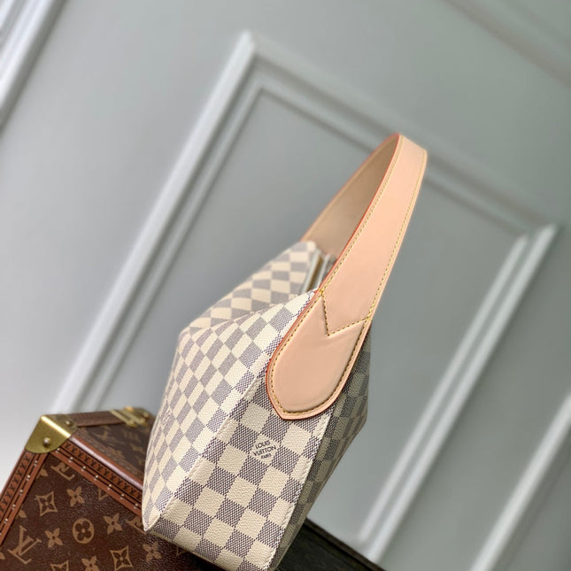 SLOUCHY PM 33 IN WHITE GREY CHECKERBOARD PATTERN DAMIER AZUR COATED CANVAS