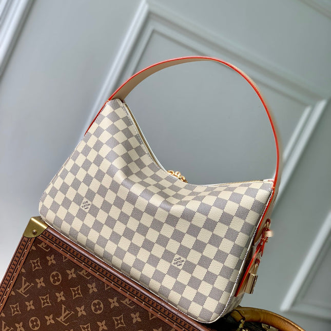 SLOUCHY PM 33 IN WHITE GREY CHECKERBOARD PATTERN DAMIER AZUR COATED CANVAS