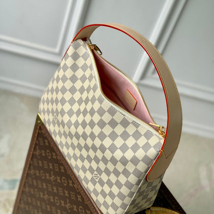 SLOUCHY PM 33 IN WHITE GREY CHECKERBOARD PATTERN DAMIER AZUR COATED CANVAS