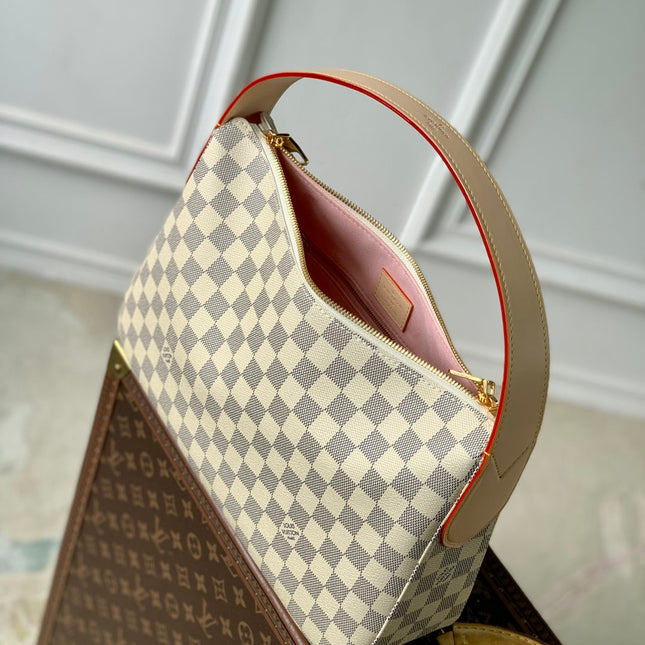 SLOUCHY PM 33 IN WHITE GREY CHECKERBOARD PATTERN DAMIER AZUR COATED CANVAS