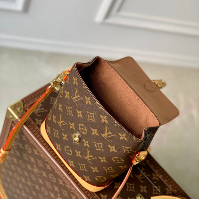 SOHO MINI 23 IN BROWN MONOGRAM COATED CANVAS AND CALFSKIN