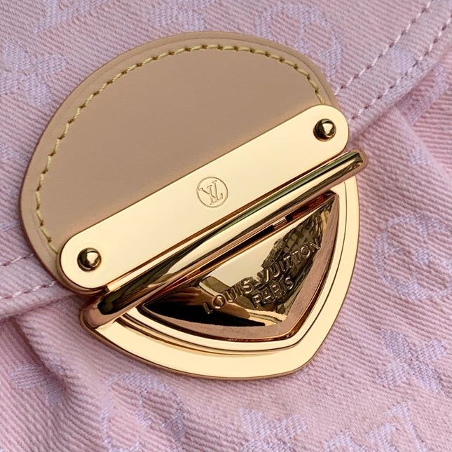 SUNSET 27 IN WASHED PINK MONOGRAM DENIM GOLD BUCKLE
