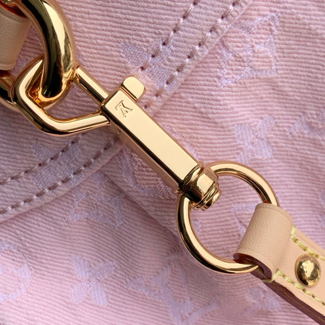 SUNSET 27 IN WASHED PINK MONOGRAM DENIM GOLD BUCKLE