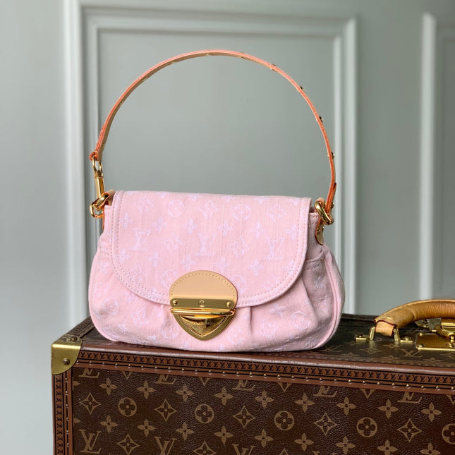 SUNSET 27 IN WASHED PINK MONOGRAM DENIM GOLD BUCKLE