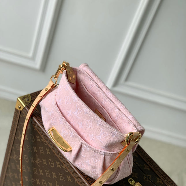 SUNSET 27 IN WASHED PINK MONOGRAM DENIM GOLD BUCKLE
