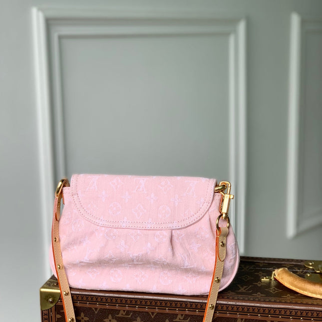 SUNSET 27 IN WASHED PINK MONOGRAM DENIM GOLD BUCKLE