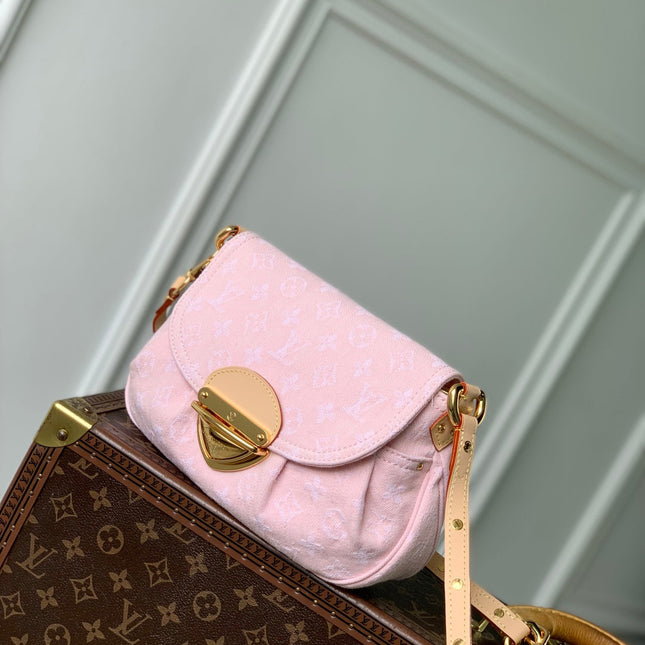 SUNSET 27 IN WASHED PINK MONOGRAM DENIM GOLD BUCKLE