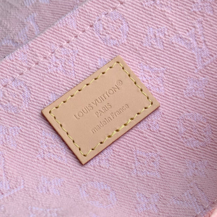 SUNSET 27 IN WASHED PINK MONOGRAM DENIM GOLD BUCKLE