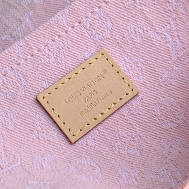 SUNSET 27 IN WASHED PINK MONOGRAM DENIM GOLD BUCKLE