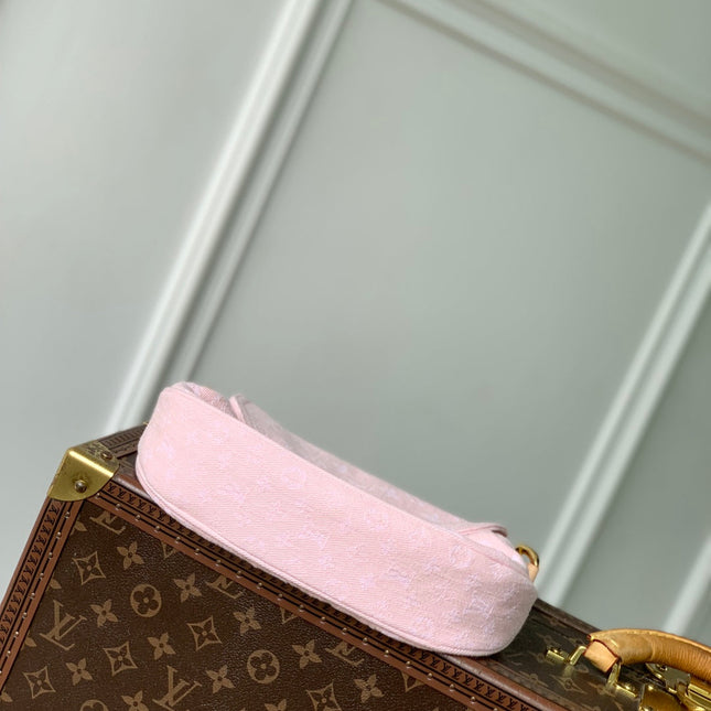 SUNSET 27 IN WASHED PINK MONOGRAM DENIM GOLD BUCKLE
