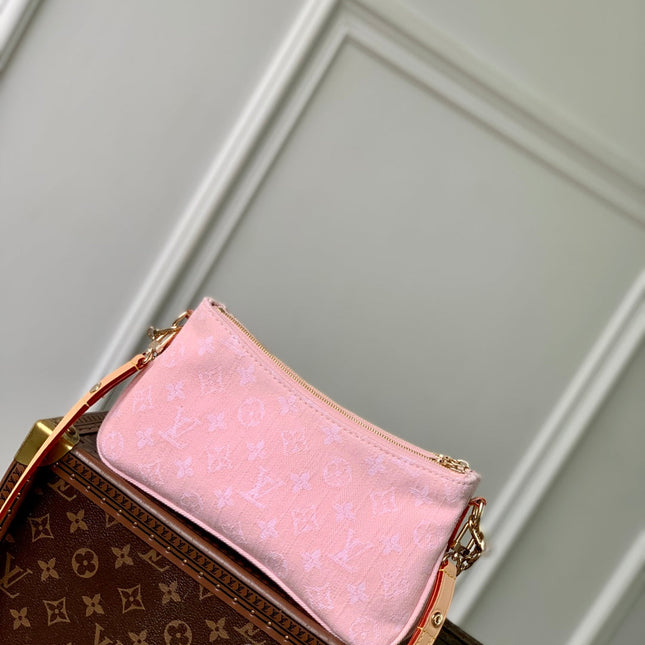 LIV POCHETTE BAG 24 IN PINK MONOGRAM DENIM GOLD HARDWARE