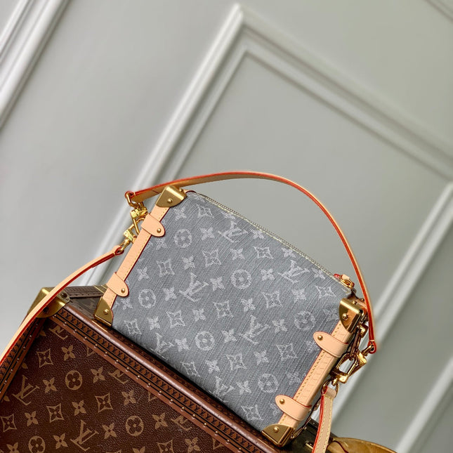 SIDE TRUNK 23.5 IN GREY MONOGRAM DENIM LIGHT BROWN CALFSKIN