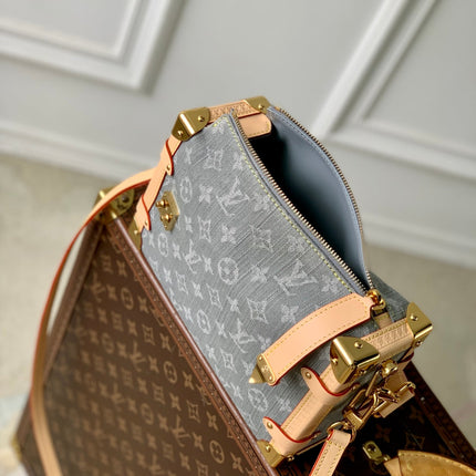 SIDE TRUNK 23.5 IN GREY MONOGRAM DENIM LIGHT BROWN CALFSKIN