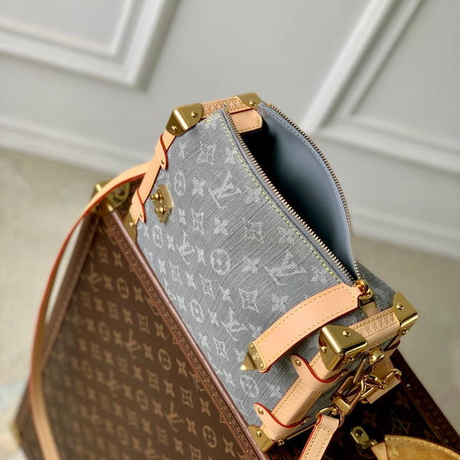 SIDE TRUNK 23.5 IN GREY MONOGRAM DENIM LIGHT BROWN CALFSKIN