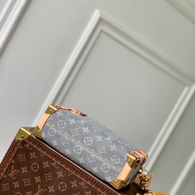 SIDE TRUNK 23.5 IN GREY MONOGRAM DENIM LIGHT BROWN CALFSKIN
