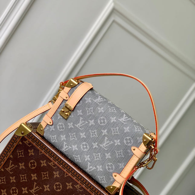 SIDE TRUNK 23.5 IN GREY MONOGRAM DENIM LIGHT BROWN CALFSKIN