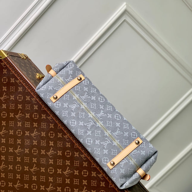 CARRYALL CARGO VIBE PM 33.5 IN GREY MONOGRAM DENIM LIGHT BROWN CALFSKIN