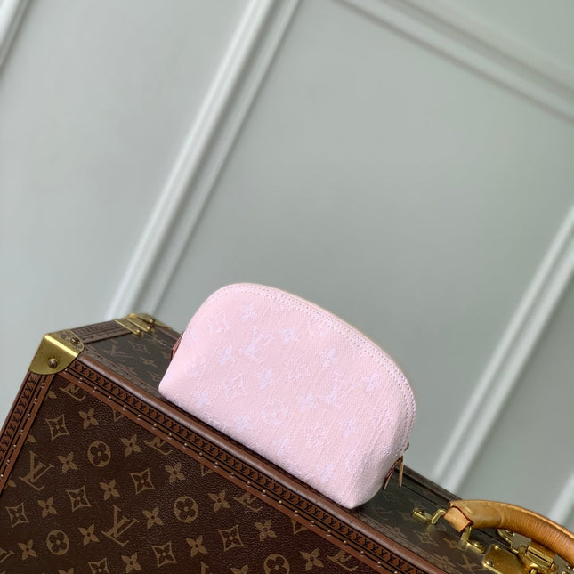 COSMETIC POUCH 19 IN PINK MONOGRAM DENIM GOLD HARDWARE