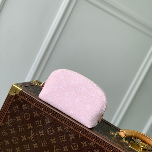 COSMETIC POUCH 19 IN PINK MONOGRAM DENIM GOLD HARDWARE