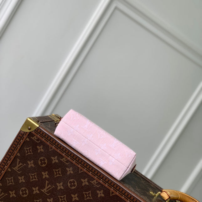 COSMETIC POUCH 19 IN PINK MONOGRAM DENIM GOLD HARDWARE