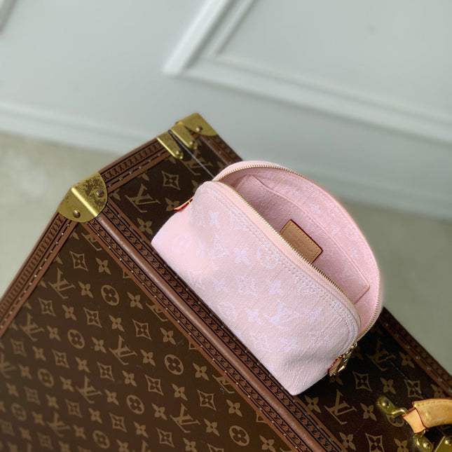 COSMETIC POUCH 19 IN PINK MONOGRAM DENIM GOLD HARDWARE