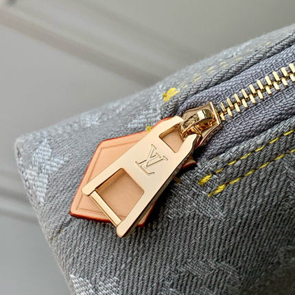 COSMETIC POUCH 19 IN GREY MONOGRAM DENIM GOLD HARDWARE