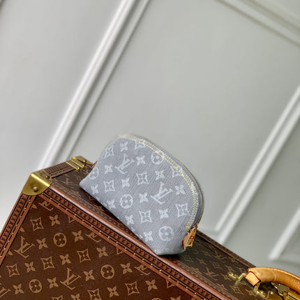 COSMETIC POUCH 19 IN GREY MONOGRAM DENIM GOLD HARDWARE
