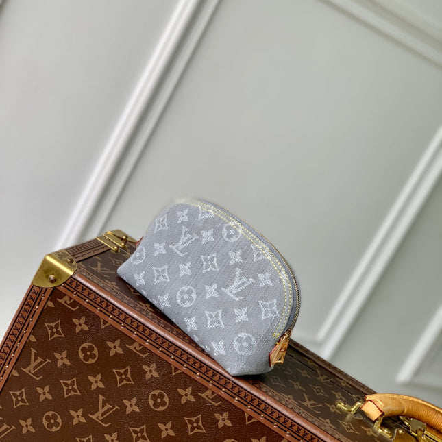 COSMETIC POUCH 19 IN GREY MONOGRAM DENIM GOLD HARDWARE