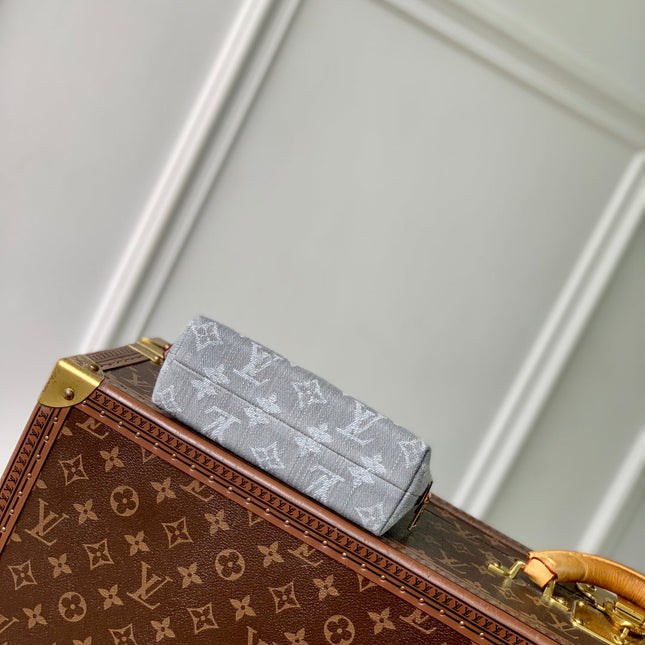 COSMETIC POUCH 19 IN GREY MONOGRAM DENIM GOLD HARDWARE