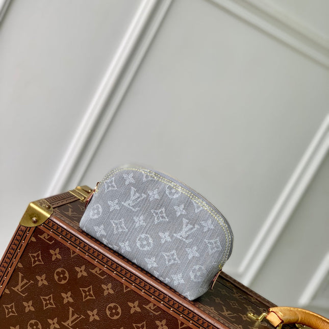 COSMETIC POUCH 19 IN GREY MONOGRAM DENIM GOLD HARDWARE