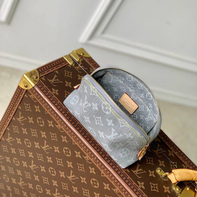 COSMETIC POUCH 19 IN GREY MONOGRAM DENIM GOLD HARDWARE
