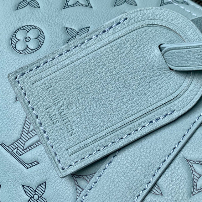 KEEPALL BANDOULIÈRE 50 IN SKY BLUE MONOGRAM SHADOW EMBOSSED CALFSKIN