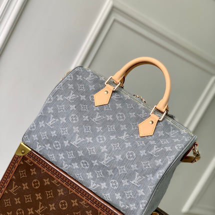 SPEEDY SOFT 30 IN GREY MONOGRAM DENIM LIGHT BROWN CALFSKIN