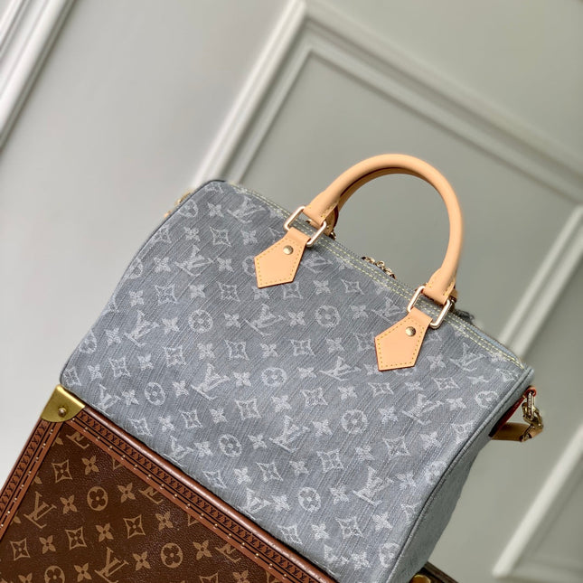 SPEEDY SOFT 30 IN GREY MONOGRAM DENIM LIGHT BROWN CALFSKIN