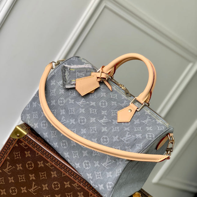 SPEEDY SOFT 30 IN GREY MONOGRAM DENIM LIGHT BROWN CALFSKIN