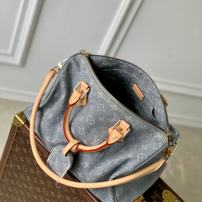 SPEEDY SOFT 30 IN GREY MONOGRAM DENIM LIGHT BROWN CALFSKIN