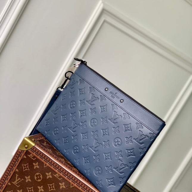 POCHETTE TOGO 30 IN DARK BLUE MONOGRAM ECLIPSE CALFSKIN EMBOSSED LOGO